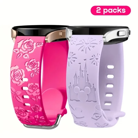 2-Pack Silicone Floral Watch Bands, 20mm Water-Resistant Replacement Straps with Deployant Clasp for Samsung Galaxy Watch 4/5/3/Active 2, Soft Sports Wristbands for Men & Women (Watch Not Included)
