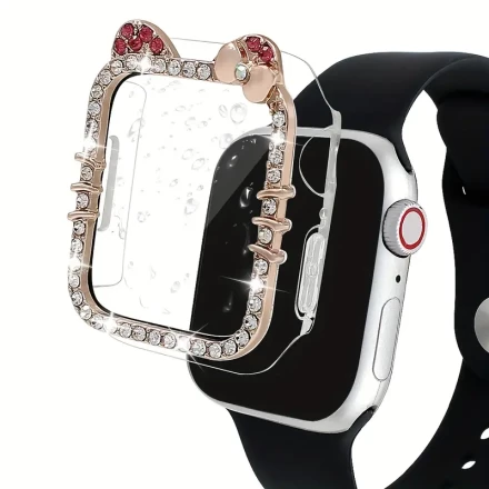 New High-End Metal Case for Apple Watch Featuring a Cute Cat Design with Diamond Embellishments.