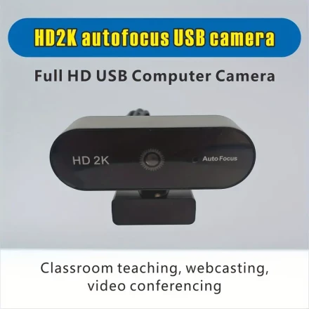 Plug & Play HD2K Webcam with Auto-Focus, Zoom Lens & Built-in Mic - Perfect for Video Calls, Conferences, Classroom, Work & Internet Cafes - USB Powered, Black