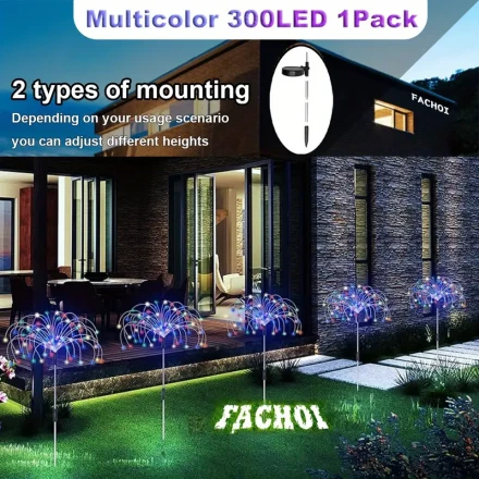 FACHOI 300LED Solar Firework Lights, 8 Modes Outdoor Garden Lights for Patio, Walkway, Pathway, Party & Wedding Decorations, Outdoor Solar Lights