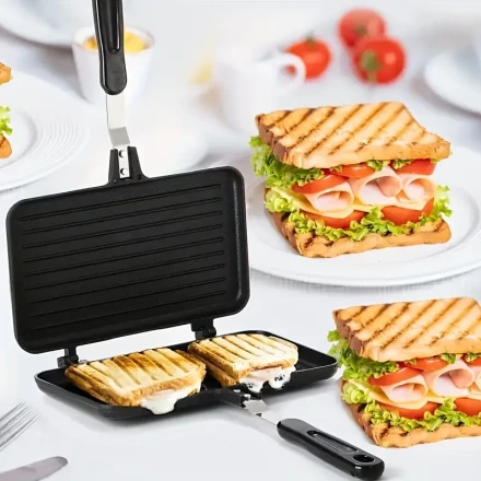 This New Multifunctional Aluminum Alloy Double-Sided Frying Pan with Handle Is Non-Stick And Perfect for Making Sandwiches, Steaks, Toasts, And Eggs, Suitable for Both Indoor And Outdoor Gatherings.