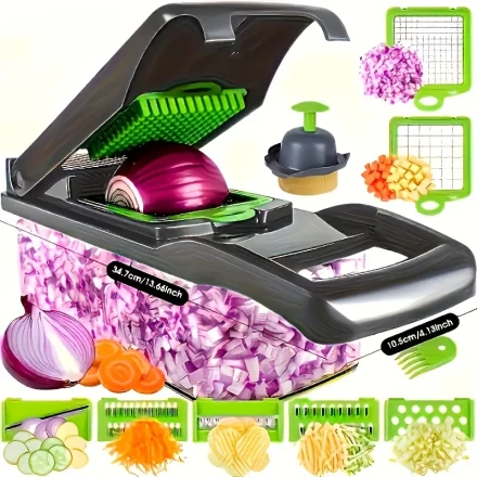 17-in-1 16pcs+1pc Manual Vegetable Chopper and Slicer with Metal Blade - Multifunctional Kitchen Gadget, Easy Food Preparation