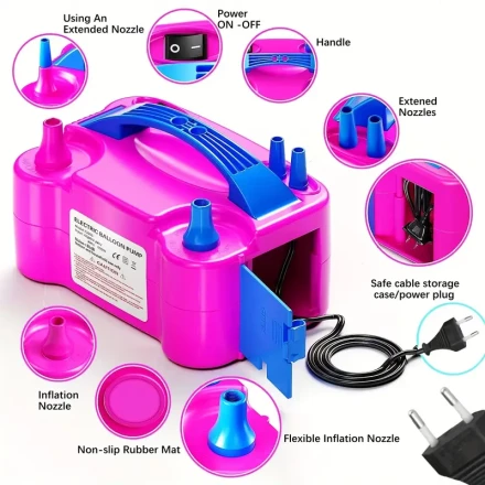 Dual-Nozzle Electric Balloon Pump - Portable, 600W, AC 220V-240V with European Plug, Includes Tying Tools - Ideal for Party & Wedding Decorations