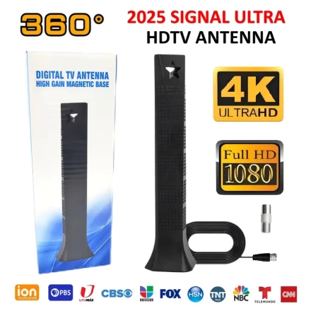 1pc 2025 Signal Ultra HD 4K Antenna, Indoor TV Antenna with High Gain Magnetic Base, Uncharged, No Battery Required, Reception of Radio Signals Only, Antenna for Tv