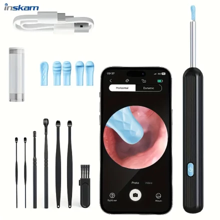 inskam Visual Ear Pick, equipped with 6 ear pick silicone sleeves, earwax removal tool, with camera and light, visual ear pick cleaning ears more safely, equipped with 7 ear pick sets, suitable for all mobile phones earwax removal tool