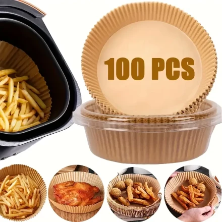 100pcs Disposable Air Fryer Liners - 16.0cm Round, Water-Resistant Parchment Paper for Healthier Cooking, Ideal for French Fries, Chicken & More, Essential Kitchen Accessory, Air Fryer Accessories