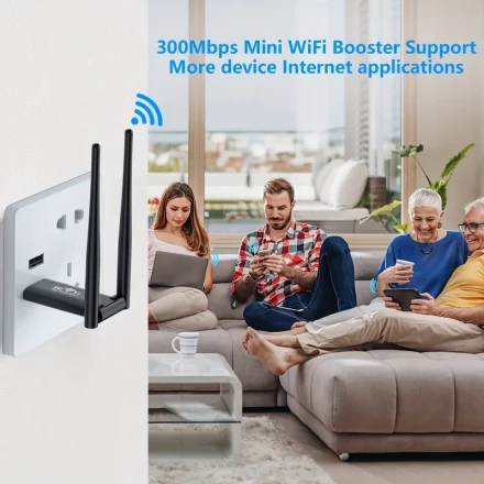 1pc 300Mbps Mini WiFi Signal Booster, USB Powered High Power Repeater Extender for Home & Office Use, Portable 2.4G Wireless Internet Accessory, Wall Plug Design with 3 Ethernet Ports, No Battery Required, ≤36V Operating Voltage, Compact & Space-Saving, W