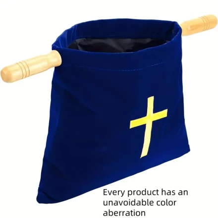 Elegant Navy Blue Velvet Church Offering Bag with Wooden Handles - 43.94 cm Religious Collection Pouch for Communion and Church Services, Unavoidable Color Aberration