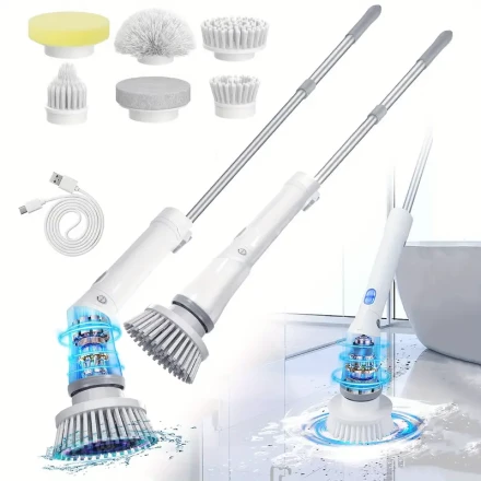 Electric Cleaning Brush Electric Spin Floor Scrubber Cordless Electric Spin Scrubber with 6 Replaceable Brush Heads And Adjustable Extension Handle for 360 Cordless Cleaning Brush for Bathroom, Bathtub, Tile, Floor, USB-C Charging Cable Spin Cleaning Brus