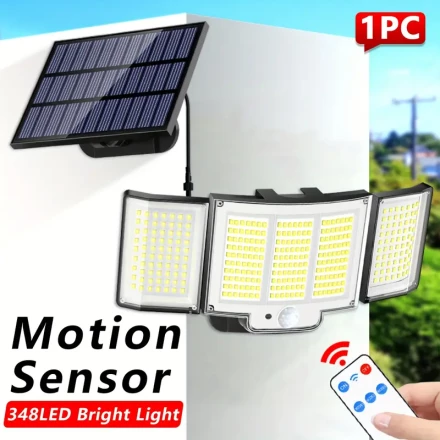 1 Pack Solar Outdoor Lights With 348 LEDs, Motion Sensor Lights, 270°Wide Angle With 3 Adjustable Heads Wall Light,, 3 Working Modes, Cold White, Wall Lamp For Garage Yard Patio, Porch and Garden Night Light With Remote Control