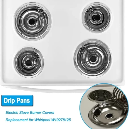 4pcs Stainless Steel Electric Stove Burner Covers, Drip Pan Replacement for Whirlpool W10278125, 5.08x15.24cm and 5.08x20.32cm Sizes, Kitchen Accessory