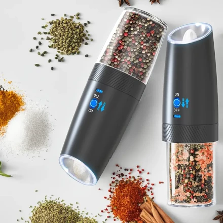 2-Pack SIGBOT Rechargeable Electric Pepper and Salt Grinder Set, Gravity Sensing Switch, LED Light, USB Charging, 5000 RPM Motor, ≤36V Operating Voltage, Black