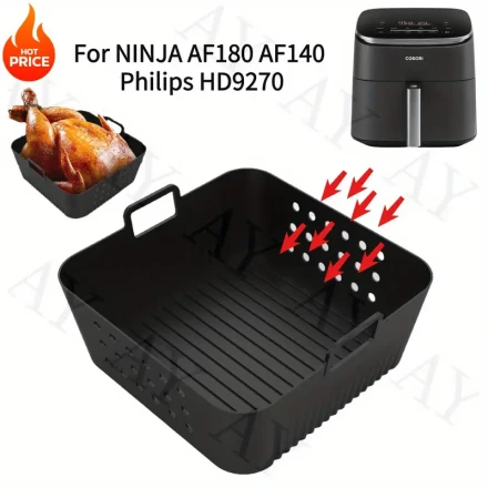 19.99cm Reusable Square Silicone Air Fryer Liner - Compatible with Ninja AF180, AF140 & Philips HD9270 - Non-Stick Baking Tray Accessory, Oven Accessories