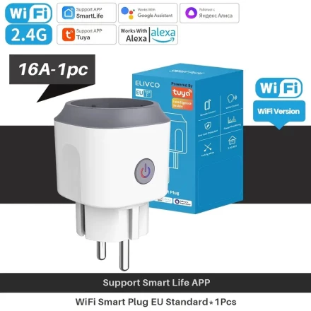 1pc Elivco WiFi Smart Plug, European Standard, App & Voice Control via Google Assistant/Alexa, Power Monitoring, Non-Waterproof, Flush Mount, 110V/220V Compatible, No Battery, Wi-Fi Enabled