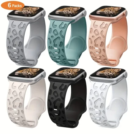 6pcs KeepMini Leopard Print Pattern Smartwatch Band, Compatible With IWatch Band 38mm 40mm 41mm 42mm 44mm 45mm 49mm, Waterproof Cheetah Sport Silicone Wristbands Replacement For IWatch Series 9 8 7 6 5 4 3 2 SE