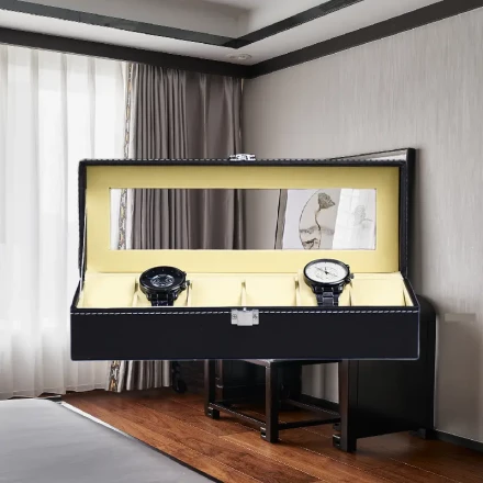 Luxury Black PU Leather Watch Display Case with Velvet Lining, Flip Cover, and 6 Compartments – Elegant Storage and Showcase for Watch Collectors, Waterproof Design, Cream Interior