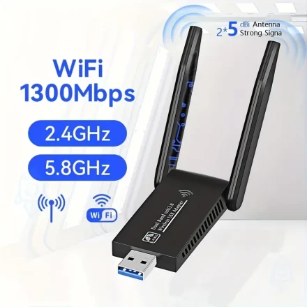 WIMOTEK Dual Band 1300Mbps USB WiFi Adapter with 5Dbi Antennas, 802.11AC, USB 3.0, Windows 11/10/8/7/XP, Mac OS 10.9-10.15 Compatible, Reliable Wi-Fi Connectivity for Desktop PC