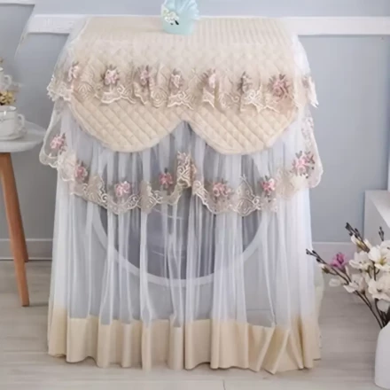 Polyester Lace Washing Machine Cover, Dust-Proof Universal Fit for 10kg Machines, Decorative Embroidered Floral Pattern Cover with Ruffled Organza Trim - Elegant Home Appliance Protection