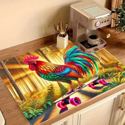 One Piece of a Heat-Resistant Stove Protector Featuring a Skateboard Rooster And Tropical Forest Design, Measuring 72.01 cm by 51.99 cm. This Glass Stove Cover Is Scratch-Resistant, Made of Natural Rubber, And Is Safe for The Dishwasher, Ideal for Kitchen