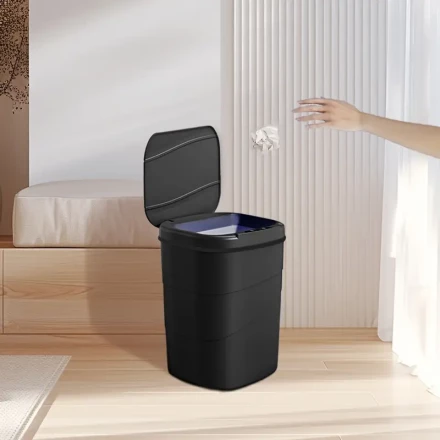 Infrared Sensor Trash Can, Black Double Stripe Design, Battery Operated, 36V or Below, for Office, Mall, Tea Room, Bathroom, Bedroom, Ideal Christmas & Halloween Home Gift