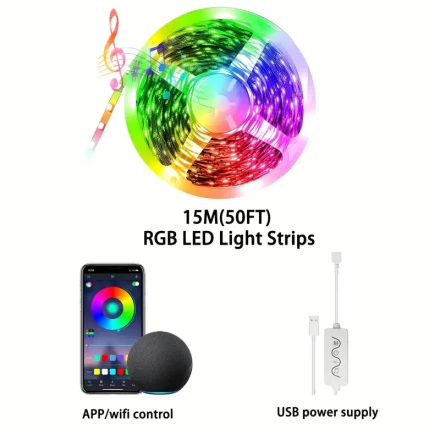 Boluoova Smart LED Strip Lights, RGB Color Changing, Dimmable, USB Powered, with App & Button Control, Non-Waterproof, Easy Stick Wall & Tabletop Mount, for Home Decor, Camping, Music Sync, Timer Function, Compatible with Smart Speakers