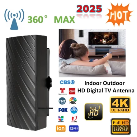 1pc 2025 HDTV 4K High Definition Antenna, Indoor/Outdoor Signal Booster, Long Range Reception, 1080P Digital TV Antenna, High Gain for Home, Car, RV, Wall/Mount/Roof Installation, Compatible with HDTV, DVB-T2, DTMB, ATC, DVB-T, DMB-T, ISDB-T, ATSC, DAB/FM