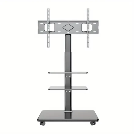 Adjustable Height Mobile TV Stand with Tilt Rolling Wheels, Iron Construction, Dual-Layer Shelf, Silent Rolling for Home, Office, Hotel Use