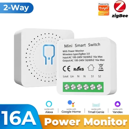 2-Way Mini WiFi Smart Power Switch, 16A, ZigBee, Tuya Smart Life App, Voice Control with Alexa & Google Home, Non-Waterproof, App-Controlled, Flush Mount, for Computers, DVD Players, Game Consoles, Music Players, Surround Sound Systems - 110V/220V Compati