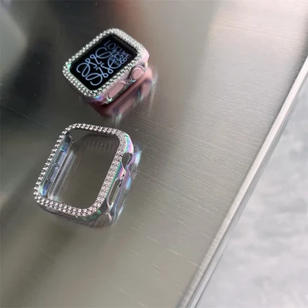 2pcs Multicolor Plated Double Row Drill Protective Case for Apple Watch 1-7, Hollow Diamond Design - PC Material