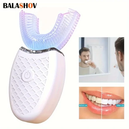 Electric Soundwave technology U-Shaped Toothbrush with LED Light - 360° Mouth Cleansing, 3 Whitening Modes, Rechargeable & Washable for Travel and Home Use, EAFC