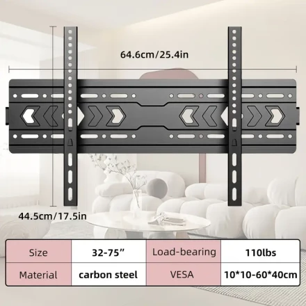 1pc Iron Ultra Slim TV Wall Mount, Low Profile Universal Fit, Wall Mount Bracket for 26-75 Inch LED LCD OLED TVs & Monitors, with 200x200mm/600x400mm Size, Supports up to 110lbs (45.5kg)