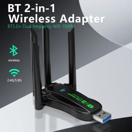 2-In-1 4.2 + Dual-Band WIFI 1300M, Wireless USB Card, BT + WIFI Wireless Card, Dual-Frequency Concurrent, High-Speed Internet Access, No Driver Required, Plug-And-Play, BT + WIFI Internet Work Without Interfering with Each Other, BT Can Be Used at The Sam