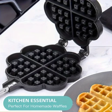 1pc Non-Stick Double-Sided Flower Heart Waffle Maker, Belgian Waffle Baking Pan Mold for Gas Stove, Uncharged Kitchen Cookware Accessory for Homemade Waffles and Sandwiches