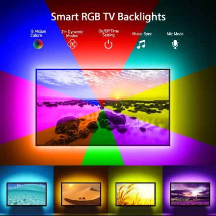 Smart RGB Backlight for TV with 5050 LED Beads, Smart App & Remote Control, Music Sync, USB Powered, Indoor Atmosphere for Movies, Gaming, Parties - Wall Mount, Wireless, Non-Waterproof, Remote Controlled, Built-in Microphone, Multi Color Lighting