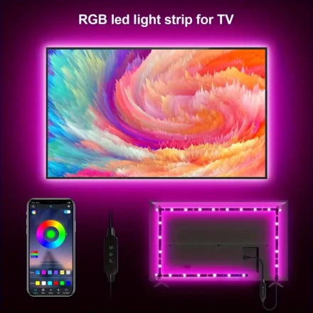 1 set of TV background light RGB smart light strip with three key controller and APP wireless control, music synchronization, suitable for creating atmosphere on TV, PC, esports, and other occasions. (No remote control)