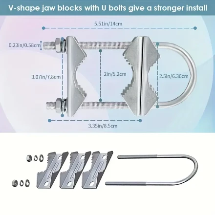 3pcs Heavy-Duty Carbon Steel Satellite Dish Mount Bracket Kit with V-Shape Jaw Blocks & U-Bolts - Ideal for Outdoor TV, CB Ham, and Yagi WiFi Antennas - No Battery Required, 2024, Pole to Pole Mounting Hardware