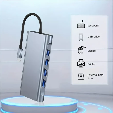 A USB C Hub with 1 Port, 11 Functions, 4K 30Hz Card Reader, Type-C to HDTV Compatible Adapter, 4 USB 3.0 Card Reader Ports, PD 87W USB C Distributor for Computer Network Devices And Office Tools, Suitable for Smartphones, Tablets, And Gaming Consoles.