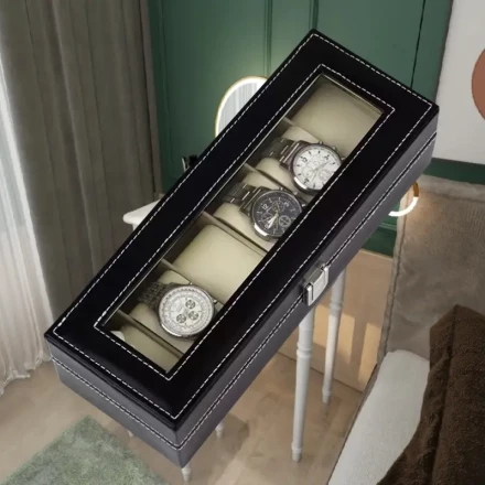 A Square Watch Display Case with a Suede Lining, a PU Flip Cover, a Black Six-Slot Watch Storage Box for Collection And Display - Interior Color Varies Randomly.