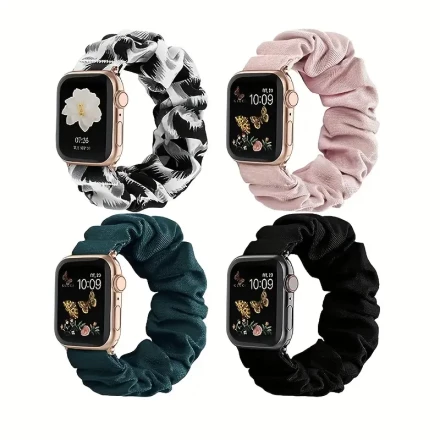4pcs Chic Scrunchie for Apple Watch Bands - Elastic Single-Loop Strap in Pink, Gray, Camo, & Black for 38mm-45mm for iWatch Series 1-8 & SE - Durable Nylon with Golden Buckle Closure, for Apple Watch Accessories