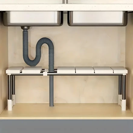 Adjustable Under-Sink Organizer Rack - Stainless Steel & Plastic, Multi-Tier Kitchen & Bathroom Cabinet Shelf for Dishes, Cups, and Small Appliances, Space-Saving Storage Solution, Kitchen Storage Solution | Modern Sleek Look | Stainless Steel Rods, Kitch