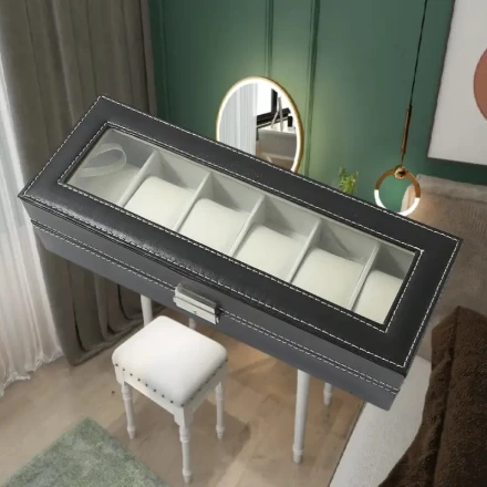 A Square Watch Display Case with a Suede Lining, a PU Flip Cover, a Black Six-Slot Watch Storage Box for Collection And Display - Interior Color Varies Randomly.