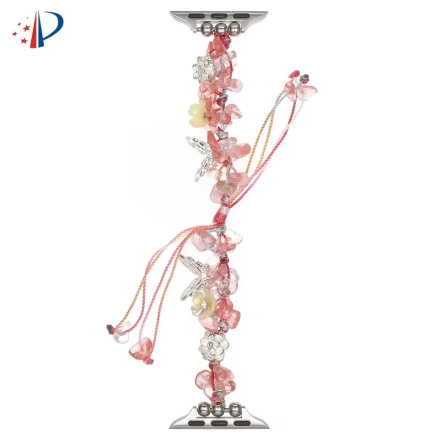 Floral Crystal Stone Beaded Hand-Woven Polyamide Watch Band, Compatible with Apple Watch Series 3/4/5/6/SE/7/8/9/10/11/12, Elegant Summer Letter Bracelet Style Strap, 42mm/46mm