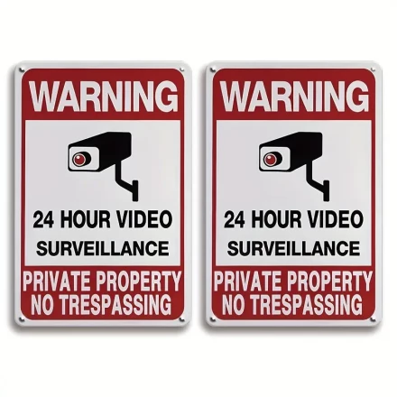 2pcs Iron Warning Sign for Video Surveillance, 24-Hour Security Camera Monitoring, No Trespassing, 20.32x30.48 cm, Wall Sticker, with No Memory/Battery for Home & Public Area Security