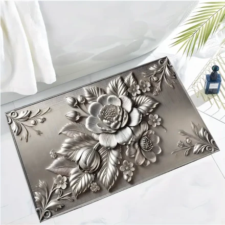 Modern Metal Embossed Flower Pattern Kitchen Mat - A Practical and Stylish Stove Accessory, Perfect Non-Slip Rug for Your Laundry Room and Beautiful Bathroom, Made of Rubber