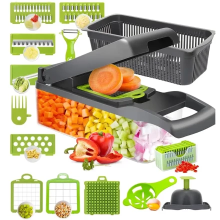 16-in-1 Multifunctional Vegetable Chopper and Slicer with 8 Blades, Container, and Interchangeable Attachments - Manual Kitchen Dicer for Carrots, Garlic, Potatoes, and More - Green PET Design, Vegetable Slicer And Chopper