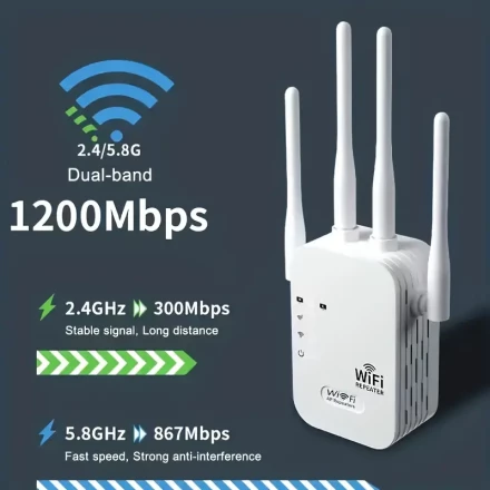 1pc WiFi Extender 1200Mbps Dual Band 2.4GHz & 5GHz, 6X Signal Booster with 4 Antennas, 35 Device Connectivity, 4 Modes, 1-Tap Setup, Ethernet Port, 220-240V European Plug, No Battery Required