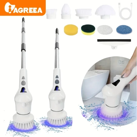 IAGREEA Electric Rotating Cleaning Brush, Cordless with Adjustable Extendable Arm, 9 Replaceable Cleaning Heads, 2-Speed, USB Rechargeable, 36V Max, for Bathroom, Bathtub, Tiles, Floor, with 18650 Lithium Battery