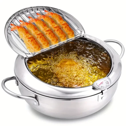1pc, Deep Fryer Pot With Thermometer (19.99cm), 304 Stainless Steel Janpanese Style Tempura Frying Pot With Oil Drip Drainer Rack, Kitchen Utensils, Kitchen Accessories Eid Al-Adha Mubarak