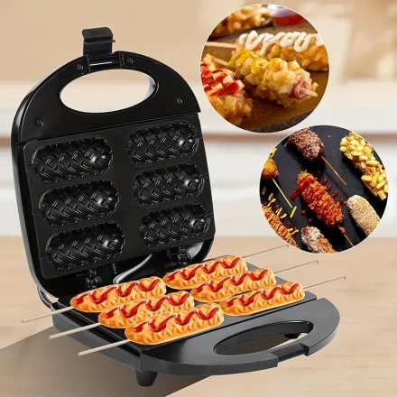 Electric Hot Dog Machine Waffle Corn Hot Dog Machine, Double-sided Heating Non-stick Layered Crispy Sausage Rolls, 6 Corn Dog Cheese Sticks, Breakfast Pan Kitchen Griddle, for Youngsters's Parties and Festive Gatherings, 750W, 220-240V