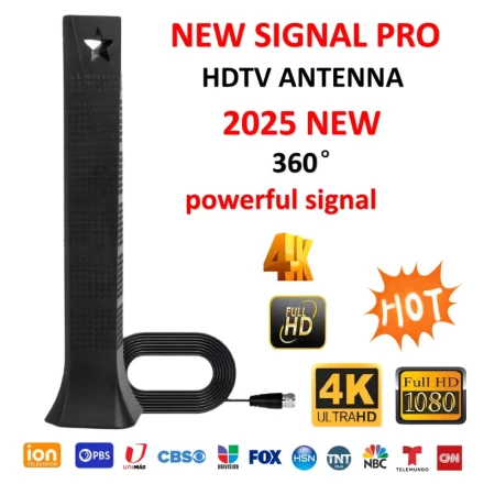 1pc 2025 Model Year 4K HDTV Antenna, PVC Material, Indoor/Outdoor Use, Compatible with HDTV, DVB-T2, DTMB, ATSC, DAB/FM, Easy Assembly, No Battery Required, Strong 360° Signal Reception